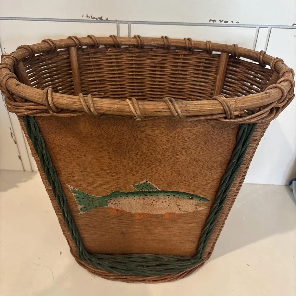 VTG Creel Wicker Waste Basket Hand Painted Trout Fish Wood Panel Cabin Lake 13